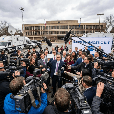 Official holds a rapid diagnostic kit box while surrounded by media and cameras.